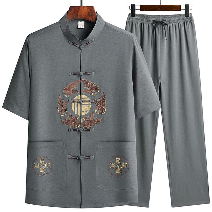 Buddha Stones Fu Character Tang Suit Hanfu Traditional Uniform Short Sleeve Top Pants Clothing Men's Set - Gray(Top&Pants) - US/UK/AU42，EU52 (3XL)  - image 0