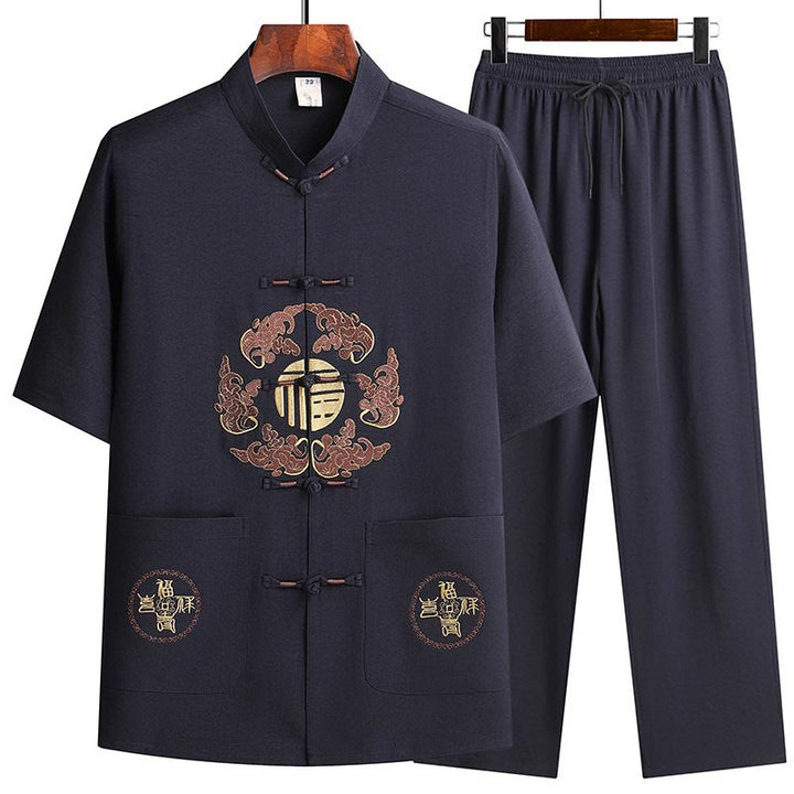 Buddha Stones Fu Character Tang Suit Hanfu Traditional Uniform Short Sleeve Top Pants Clothing Men's Set - Navy Blue(Top&Pants) - US/UK/AU42，EU52 (3XL)  - image 18