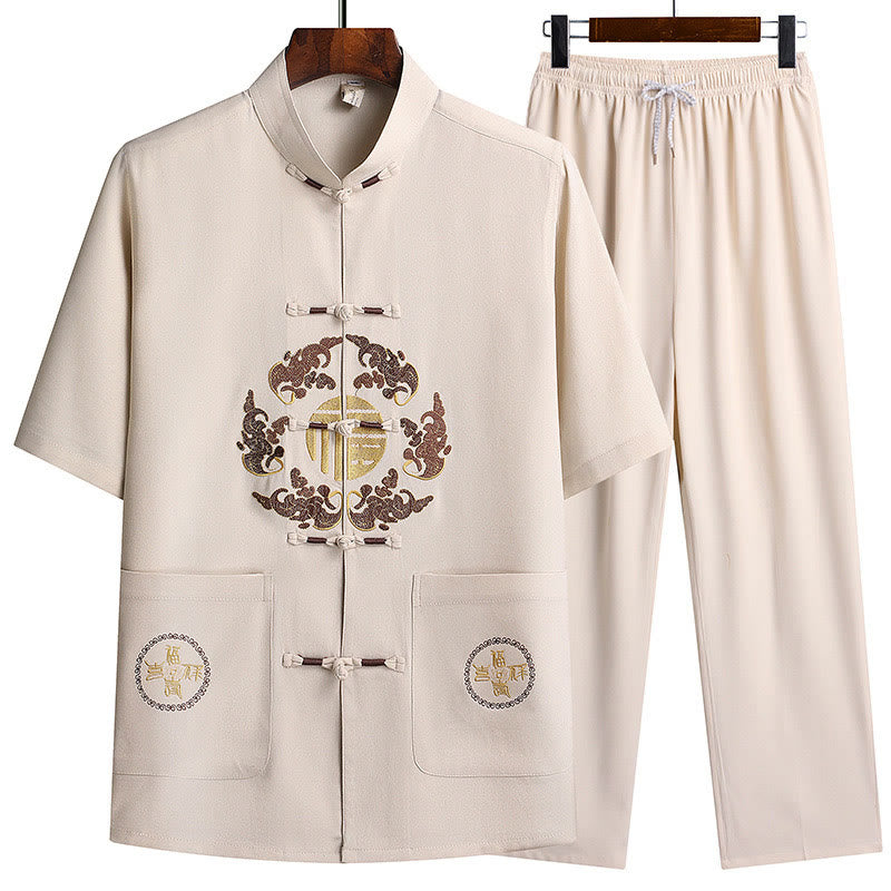 Buddha Stones Fu Character Tang Suit Hanfu Traditional Uniform Short Sleeve Top Pants Clothing Men's Set - White(Top&Pants) - US/UK/AU42，EU52 (3XL)  - image 27