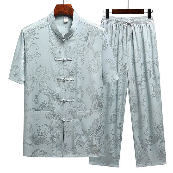 Buddha Stones Dragon Pattern Tang Suit Hanfu Traditional Uniform Short Sleeve Top Pants Clothing Men's Set - Gray Blue(Top&Pants) - US/UK/AU44，EU54 (4XL) - image 0