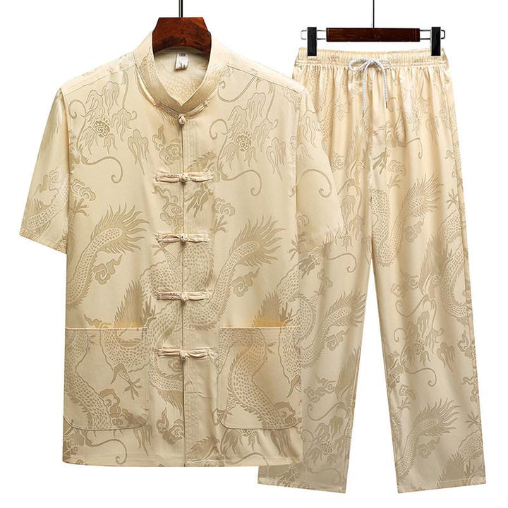 Buddha Stones Dragon Pattern Tang Suit Hanfu Traditional Uniform Short Sleeve Top Pants Clothing Men's Set - Beige(Top&Pants) - US/UK/AU44，EU54 (4XL) - image 13
