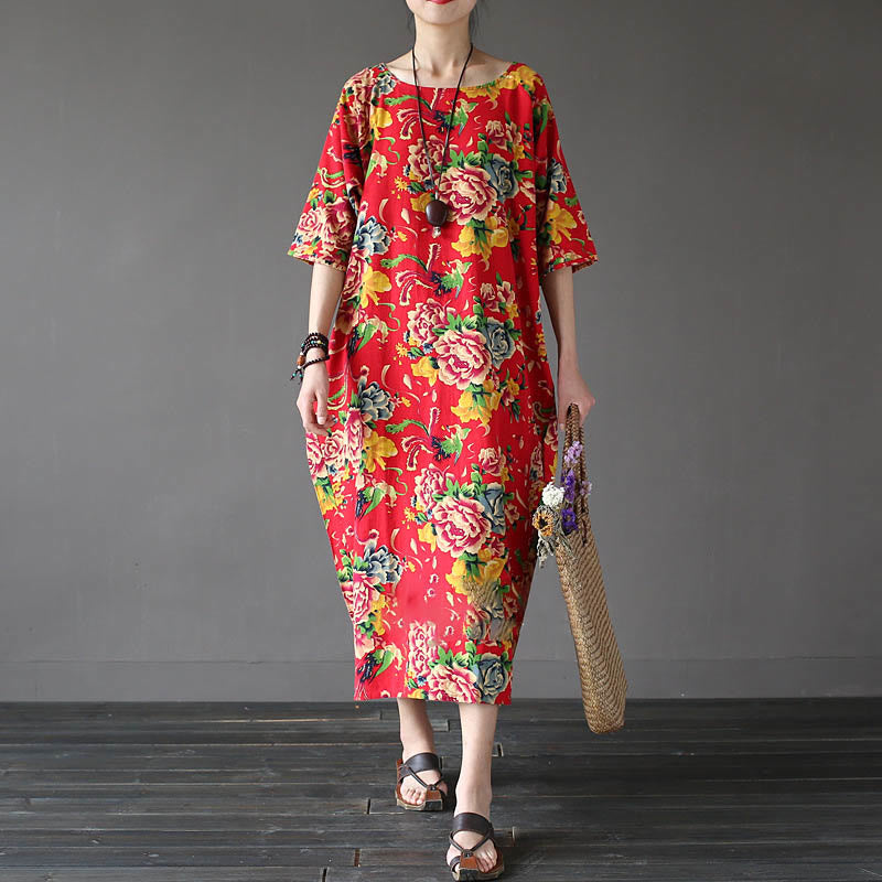 Buddha Stones Red Peony Flowers Printed Midi Dress Half Sleeve Cotton Linen Dress - Red-US4-12，UK/AU8-16，EU36-44 (F) - image 0