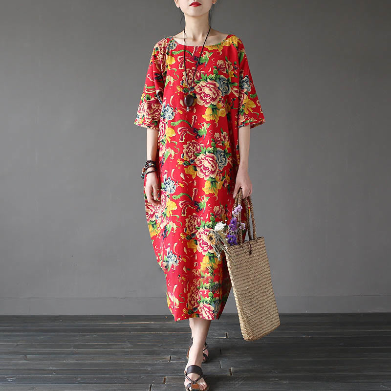 Buddha Stones Red Peony Flowers Printed Midi Dress Half Sleeve Cotton Linen Dress - image 6