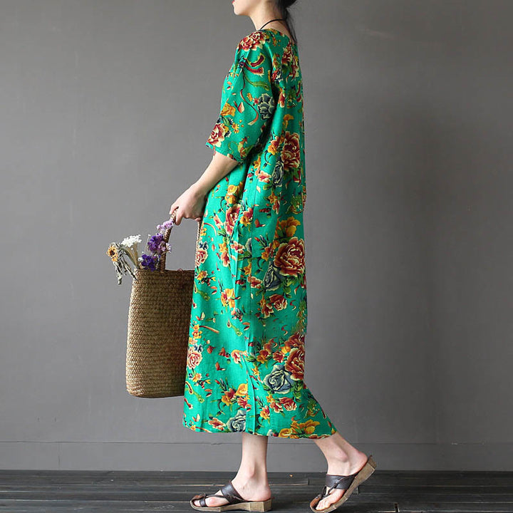 Buddha Stones Red Peony Flowers Printed Midi Dress Half Sleeve Cotton Linen Dress - image 9