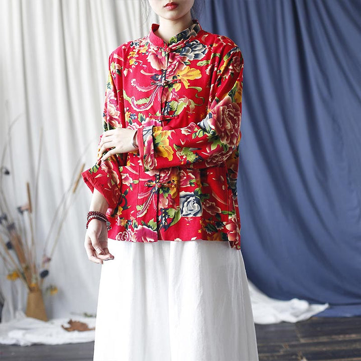 Buddha Stones Ethnic Red Flower Peony Frog-Button Cotton Linen Long Sleeve Shirt Jacket With Pockets - image 17