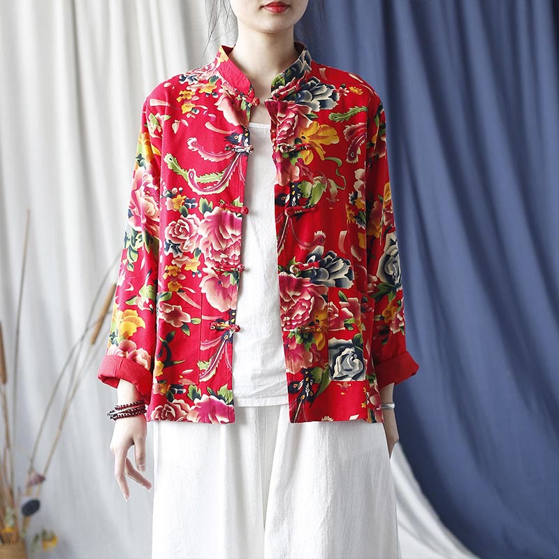 Buddha Stones Ethnic Red Flower Peony Frog-Button Cotton Linen Long Sleeve Shirt Jacket With Pockets - US4-8/10，UK/AU8-12/14，EU36-40/42 (F)-(Jacket Only) - image 0