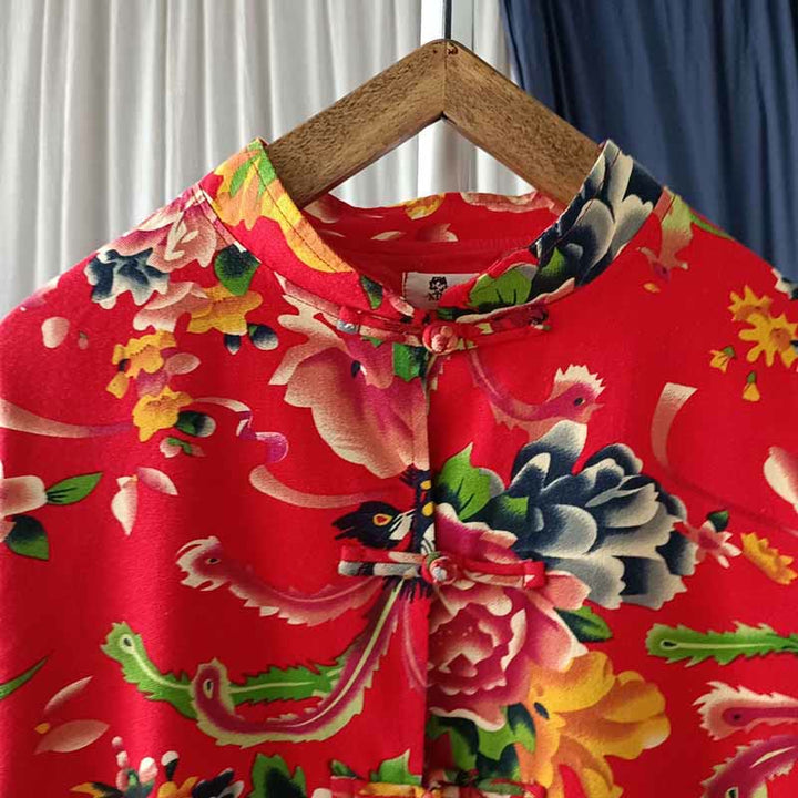 Buddha Stones Ethnic Red Flower Peony Frog-Button Cotton Linen Long Sleeve Shirt Jacket With Pockets - image 6