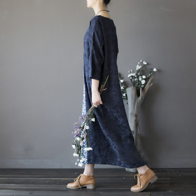 Buddha Stones Blue Flowers Embroidery Jacquard Midi Dress Three Quarter Sleeve Cotton Dress With Pockets - image 2