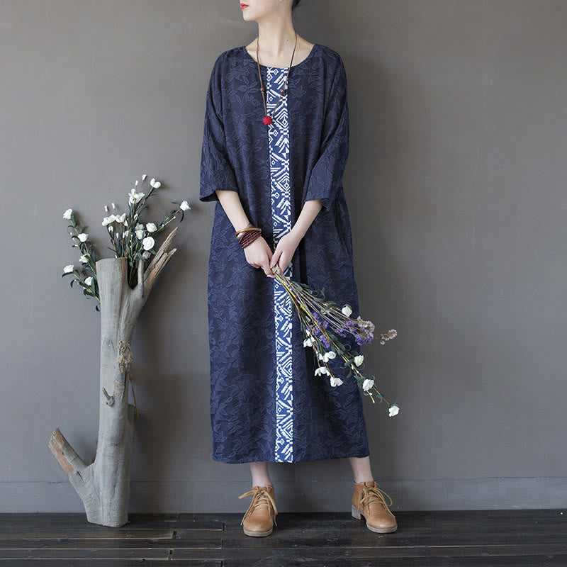 Buddha Stones Blue Flowers Embroidery Jacquard Midi Dress Three Quarter Sleeve Cotton Dress With Pockets - F(Fit for US4-12; UK/AU8-16; EU36-44) - image 0
