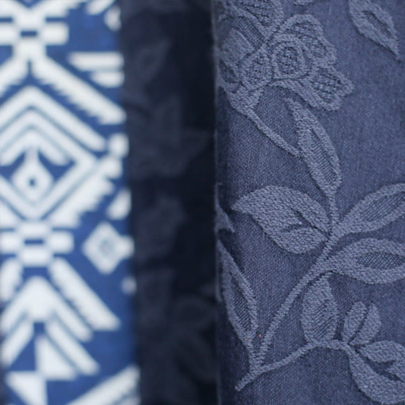 Buddha Stones Blue Flowers Embroidery Jacquard Midi Dress Three Quarter Sleeve Cotton Dress With Pockets - image 12