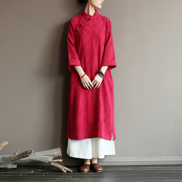 Buddha Stones Flower Jacquard Midi Dress Long Sleeve Cotton Linen Dress Wide Leg Pants With Pockets - image 19