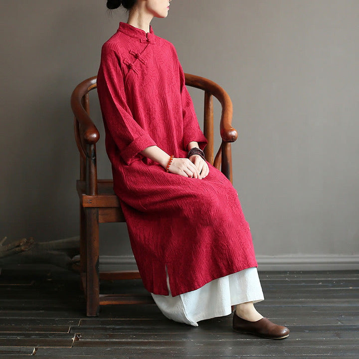 Buddha Stones Flower Jacquard Midi Dress Long Sleeve Cotton Linen Dress Wide Leg Pants With Pockets - image 30