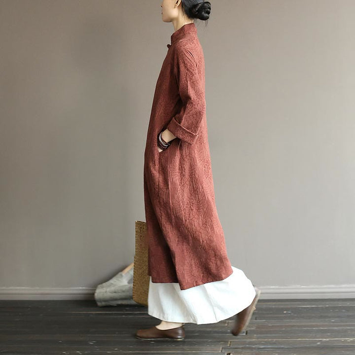 Buddha Stones Flower Jacquard Midi Dress Long Sleeve Cotton Linen Dress Wide Leg Pants With Pockets - image 35