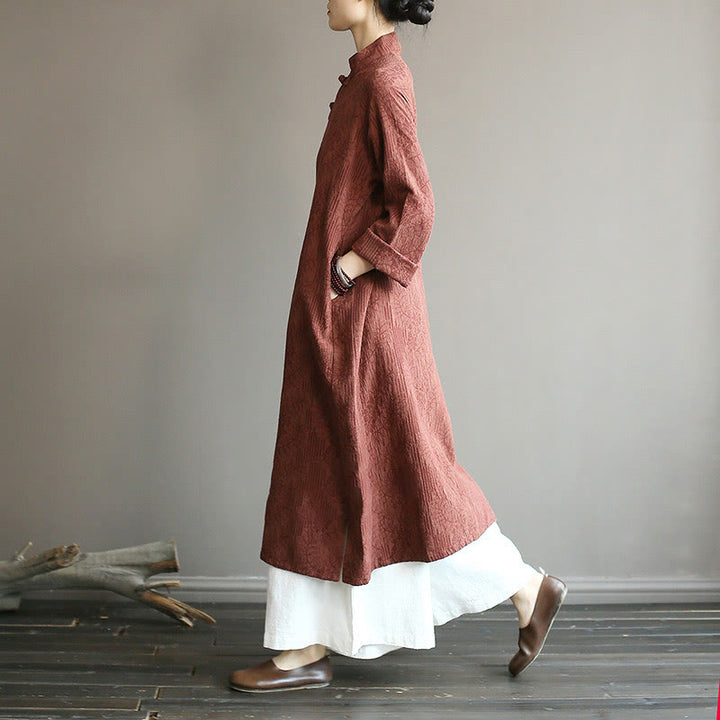 Buddha Stones Flower Jacquard Midi Dress Long Sleeve Cotton Linen Dress Wide Leg Pants With Pockets - image 40