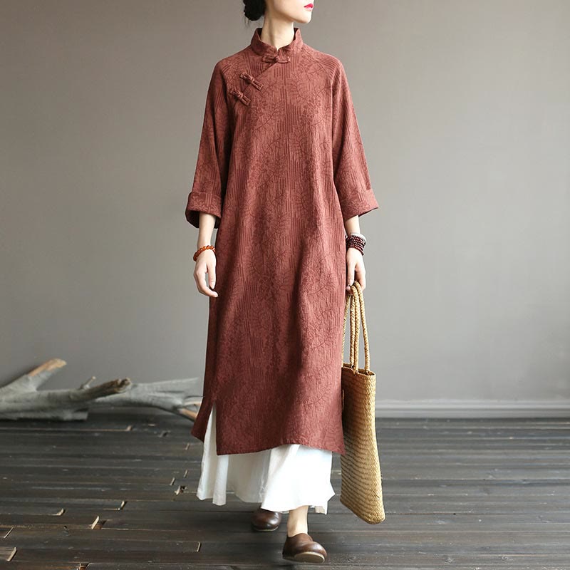 Buddha Stones Flower Jacquard Midi Dress Long Sleeve Cotton Linen Dress Wide Leg Pants With Pockets - image 37