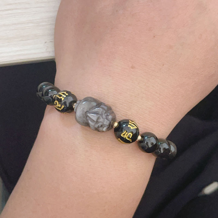 Buddha Stones Natural Silver Sheen Obsidian Black Obsidian Om Mani Padme Hum Pixiu Protection Bracelet - image 3