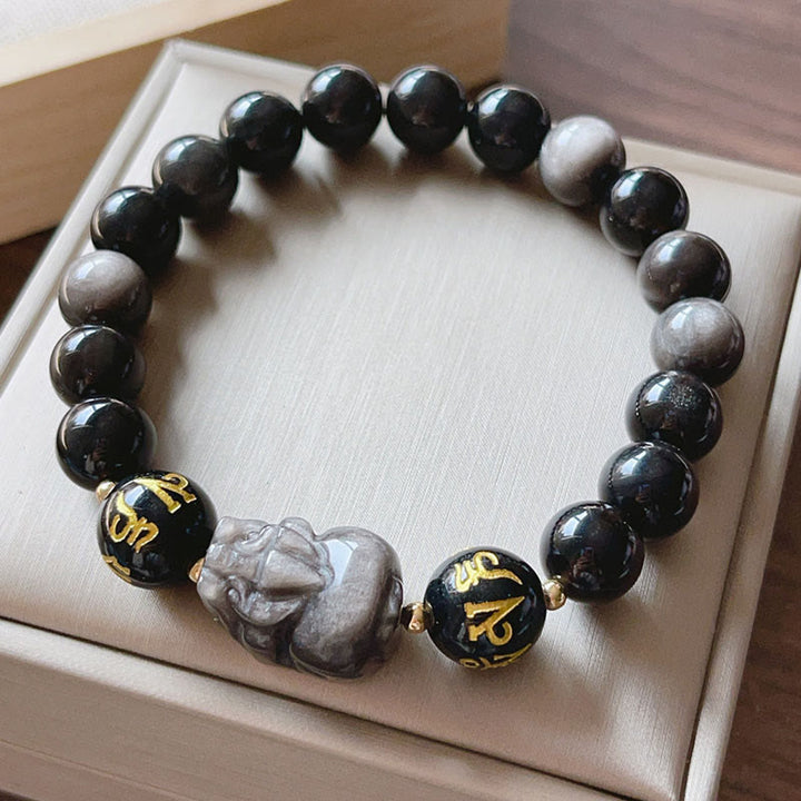 Buddha Stones Natural Silver Sheen Obsidian Black Obsidian Om Mani Padme Hum Pixiu Protection Bracelet - Silver Sheen Obsidian Pixiu(Wrist Circumference 14-16cm) - image 0