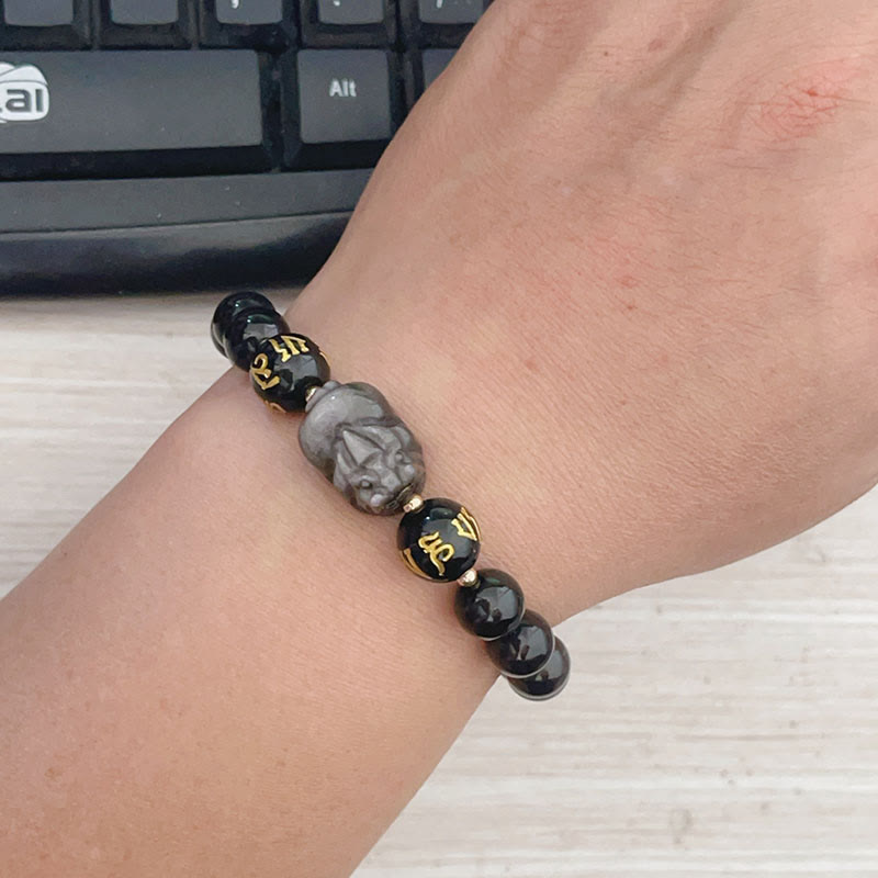 Buddha Stones Natural Silver Sheen Obsidian Black Obsidian Om Mani Padme Hum Pixiu Protection Bracelet - image 6