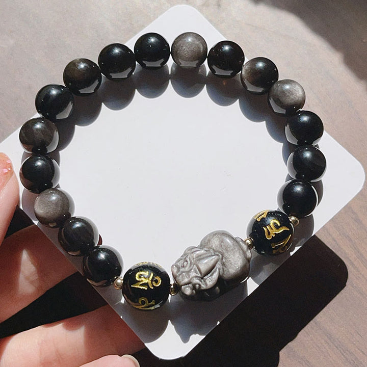 Buddha Stones Natural Silver Sheen Obsidian Black Obsidian Om Mani Padme Hum Pixiu Protection Bracelet - image 2