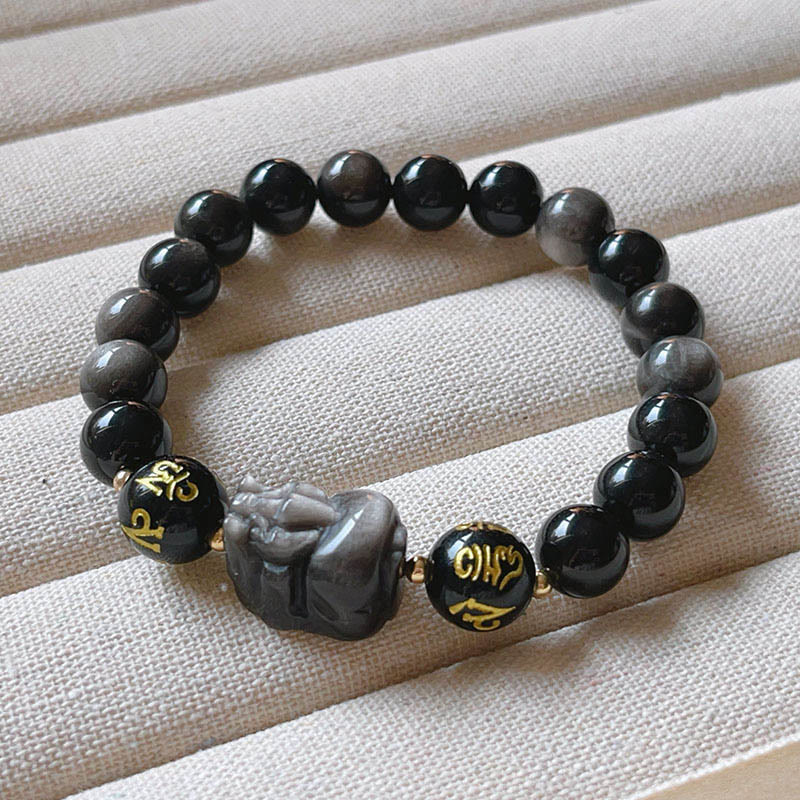 Buddha Stones Natural Silver Sheen Obsidian Black Obsidian Om Mani Padme Hum Pixiu Protection Bracelet - image 5