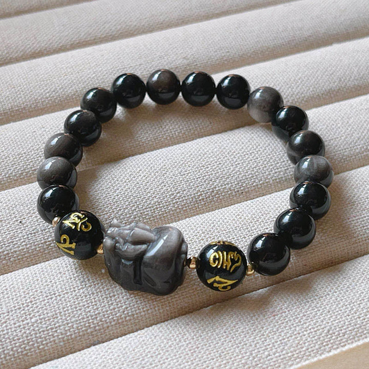 Buddha Stones Natural Silver Sheen Obsidian Black Obsidian Om Mani Padme Hum Pixiu Protection Bracelet - image 5