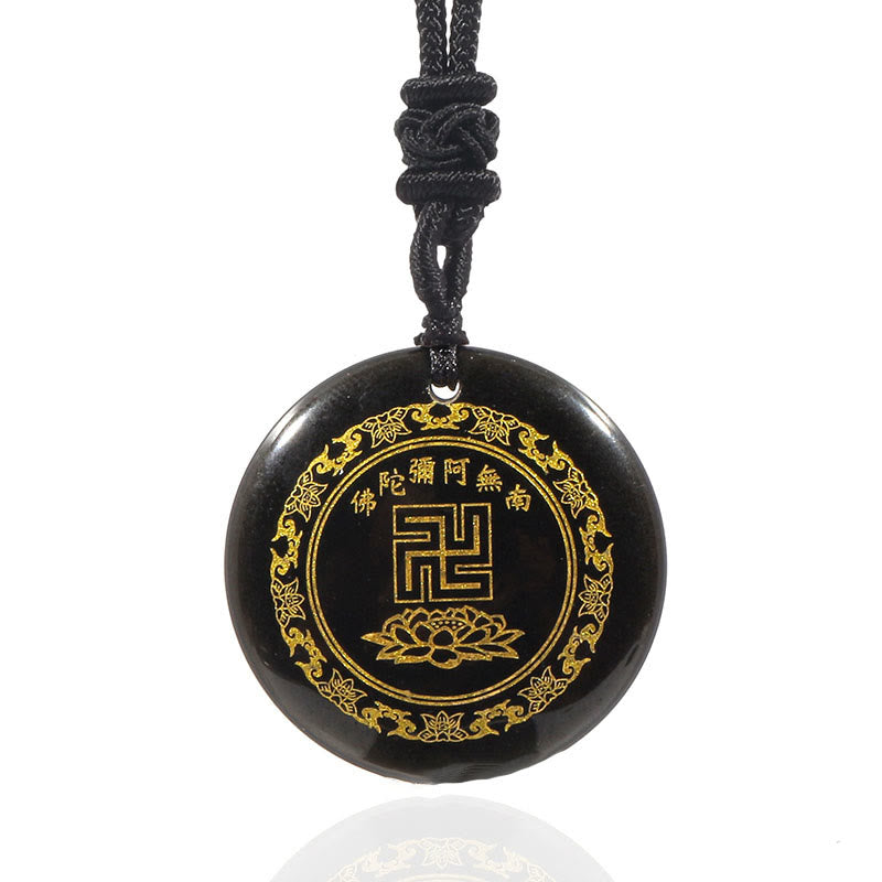 Buddha Stones Swastika Lotus Pattern Natural Various Crystal Black Obsidian Purification Necklace Pendant - image 3