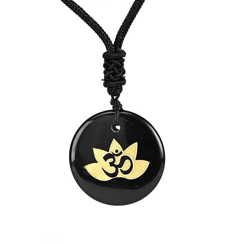 Buddha Stones OM Lotus Symbol Various Crystal Amethyst Tiger Eye Healing Necklace Pendant - Black Onyx - image 6