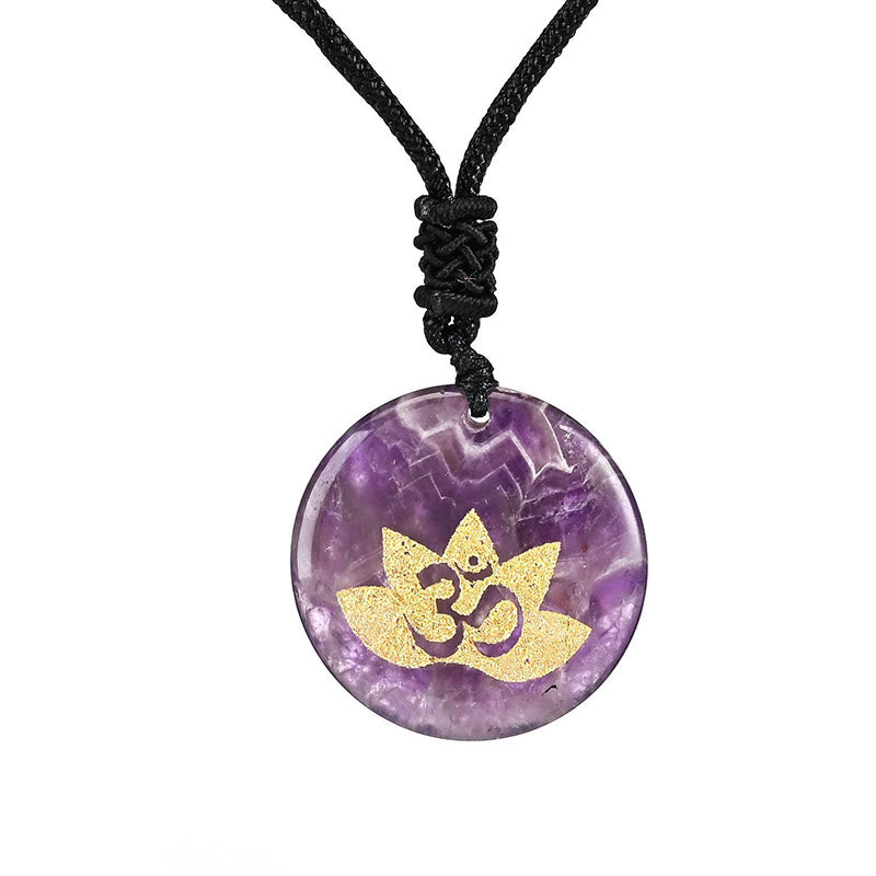 Buddha Stones OM Lotus Symbol Various Crystal Amethyst Tiger Eye Healing Necklace Pendant - Amethyst - image 1