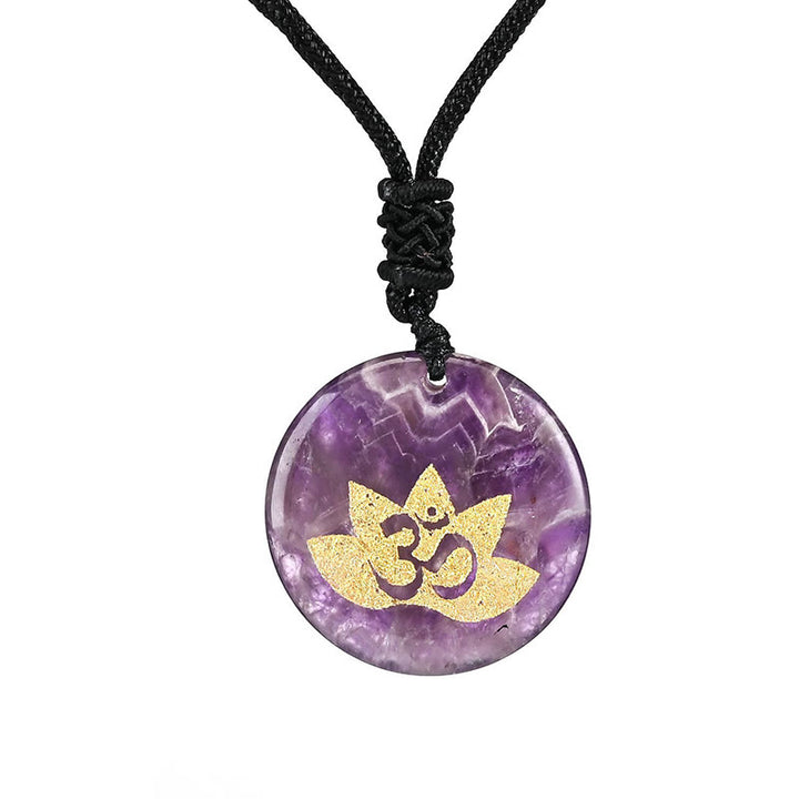 Buddha Stones OM Lotus Symbol Various Crystal Amethyst Tiger Eye Healing Necklace Pendant - Amethyst - image 1