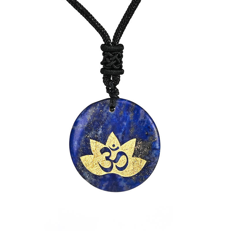 Buddha Stones OM Lotus Symbol Various Crystal Amethyst Tiger Eye Healing Necklace Pendant - Lazurite - image 14