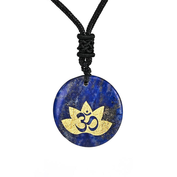 Buddha Stones OM Lotus Symbol Various Crystal Amethyst Tiger Eye Healing Necklace Pendant - Lazurite - image 14