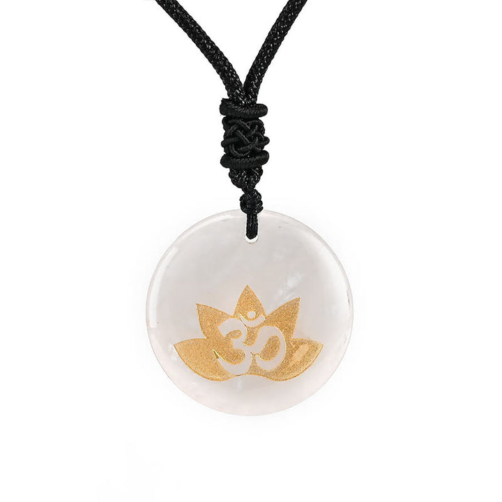 Buddha Stones OM Lotus Symbol Various Crystal Amethyst Tiger Eye Healing Necklace Pendant - White Crystal - image 16