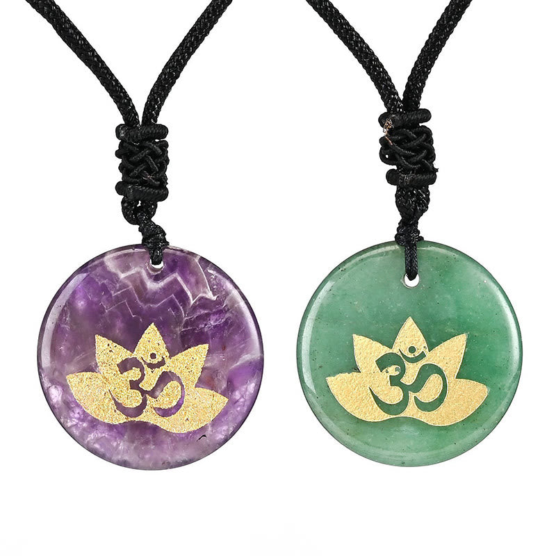Buddha Stones OM Lotus Symbol Various Crystal Amethyst Tiger Eye Healing Necklace Pendant - image 0
