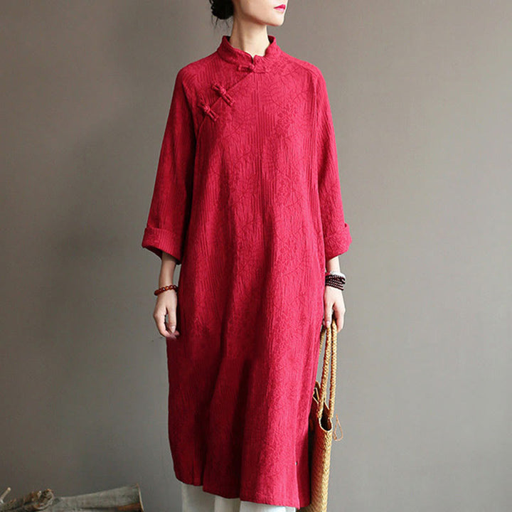 Buddha Stones Flower Jacquard Midi Dress Long Sleeve Cotton Linen Dress Wide Leg Pants With Pockets - Red Dress(Dress Only) - US4-8/10，UK/AU8-12/14，EU36-40/42 (F) - image 43
