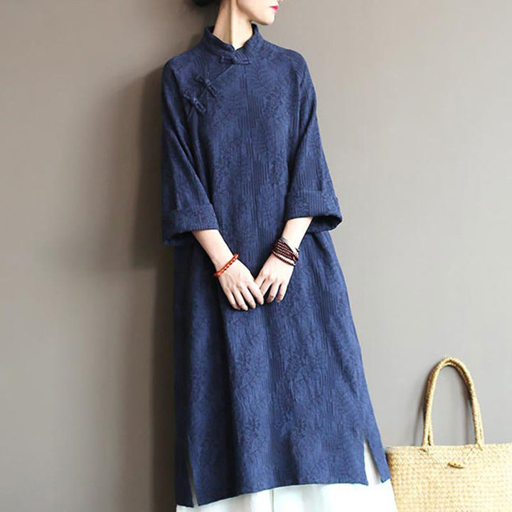 Buddha Stones Flower Jacquard Midi Dress Long Sleeve Cotton Linen Dress Wide Leg Pants With Pockets - image 42