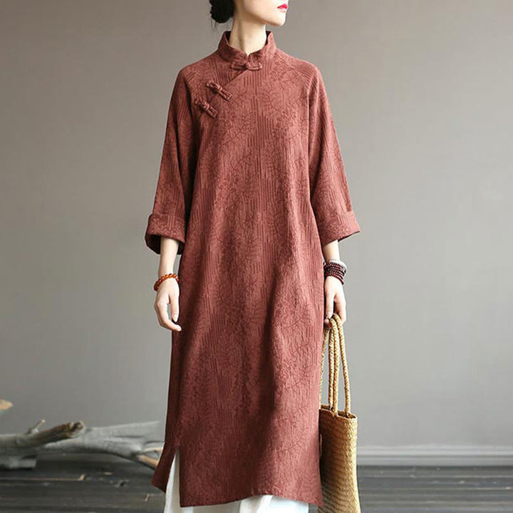 Buddha Stones Flower Jacquard Midi Dress Long Sleeve Cotton Linen Dress Wide Leg Pants With Pockets - Brown Dress(Dress Only) - US4-8/10，UK/AU8-12/14，EU36-40/42 (F) - image 45