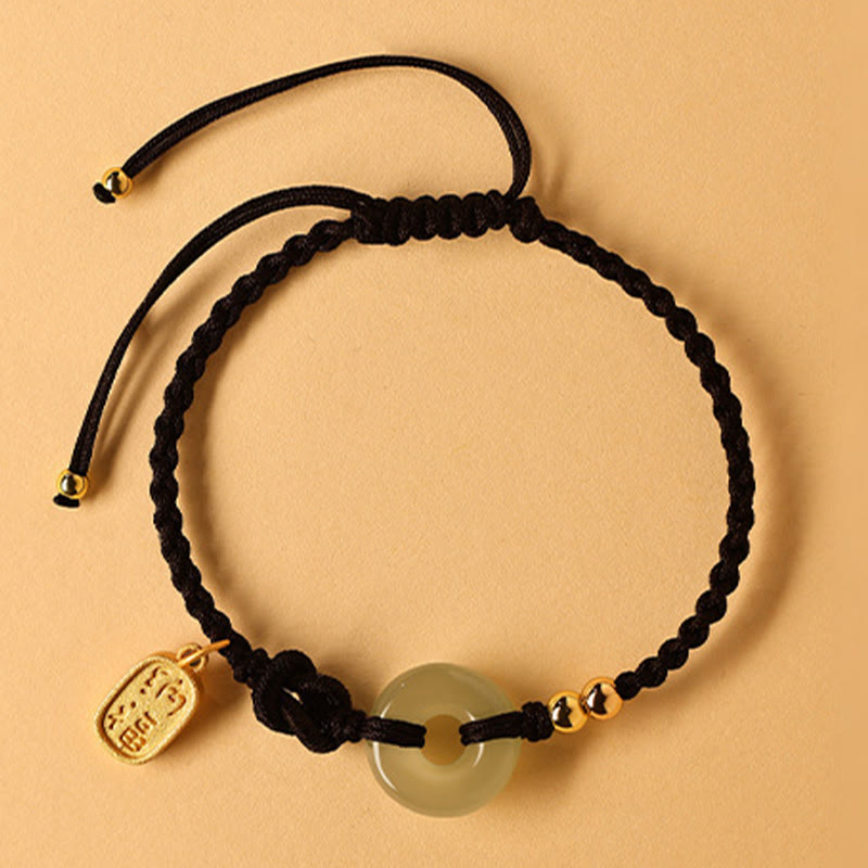 Buddha Stones Hetian Jade Peace Buckle Fu Character String Luck Bracelet - Black Rope (Wrist Circumference 14-18cm) - image 8