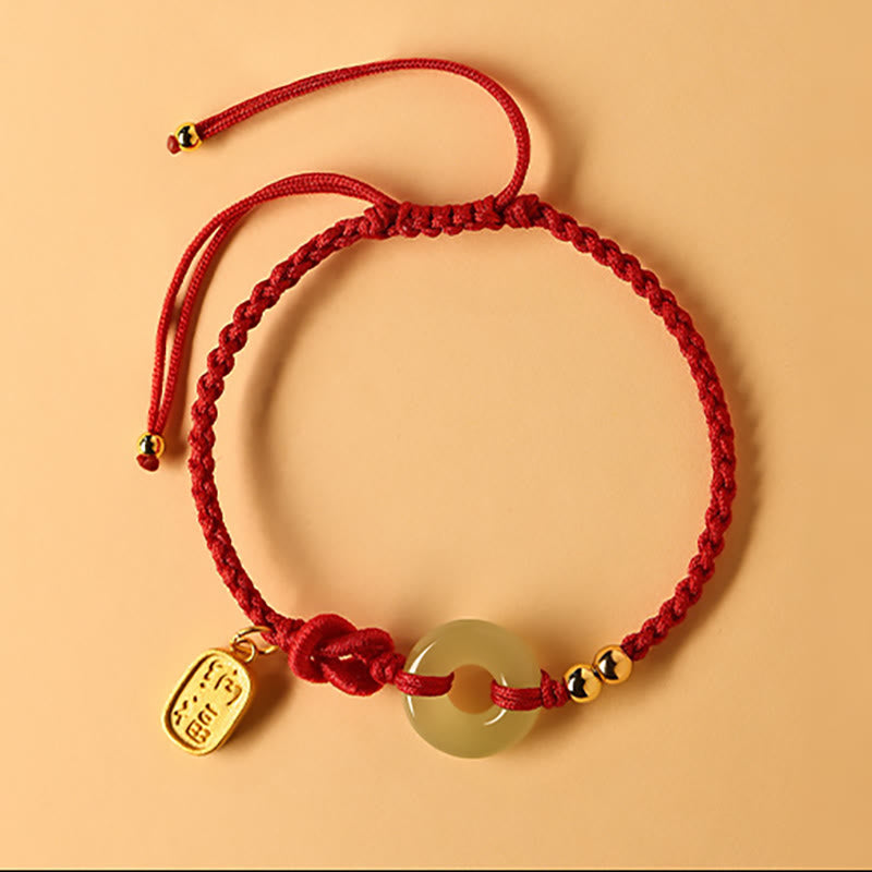 Buddha Stones Hetian Jade Peace Buckle Fu Character String Luck Bracelet - Red Rope(Wrist Circumference 14-18cm) - image 2