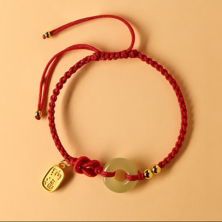 Buddha Stones Hetian Jade Peace Buckle Fu Character String Luck Bracelet - Red Rope(Wrist Circumference 14-18cm) - image 2
