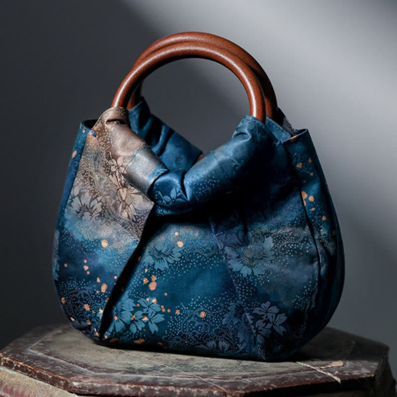Buddha Stones Handmade Jacquard Flower Blue Wooden Handle Handbag - Blue Flower 23*25*5cm - image 0