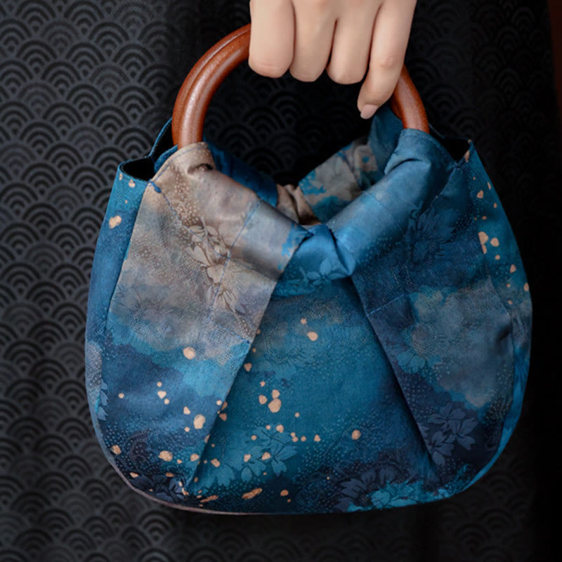 Buddha Stones Handmade Jacquard Flower Blue Wooden Handle Handbag - image 2