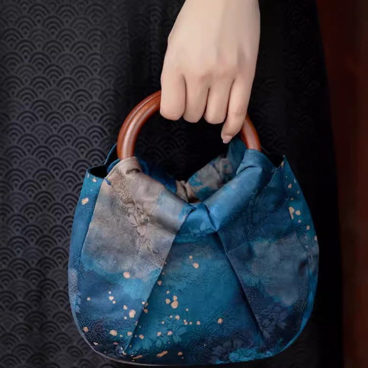 Buddha Stones Handmade Jacquard Flower Blue Wooden Handle Handbag - image 12