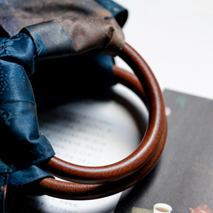 Buddha Stones Handmade Jacquard Flower Blue Wooden Handle Handbag - image 7