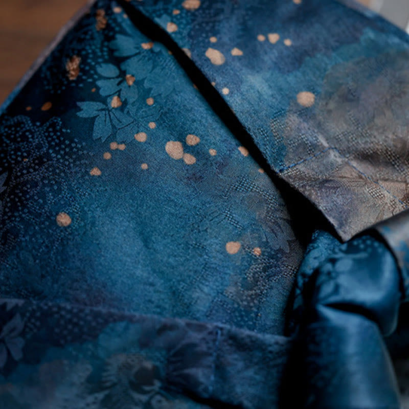 Buddha Stones Handmade Jacquard Flower Blue Wooden Handle Handbag - image 6