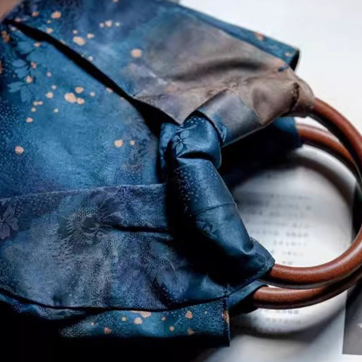 Buddha Stones Handmade Jacquard Flower Blue Wooden Handle Handbag - image 3