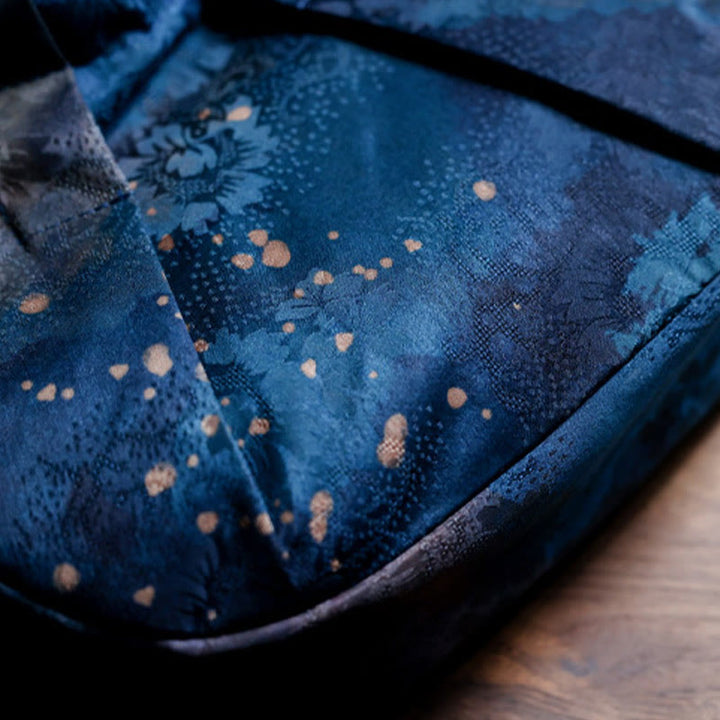 Buddha Stones Handmade Jacquard Flower Blue Wooden Handle Handbag - image 5