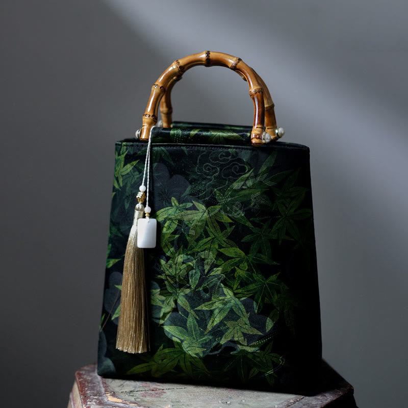 Buddha Stones Bamboo Leaves Butterfly Koi Fish Bamboo Handles Handbag - Forest Bamboo Leaves 23*25*8.5cm - image 0