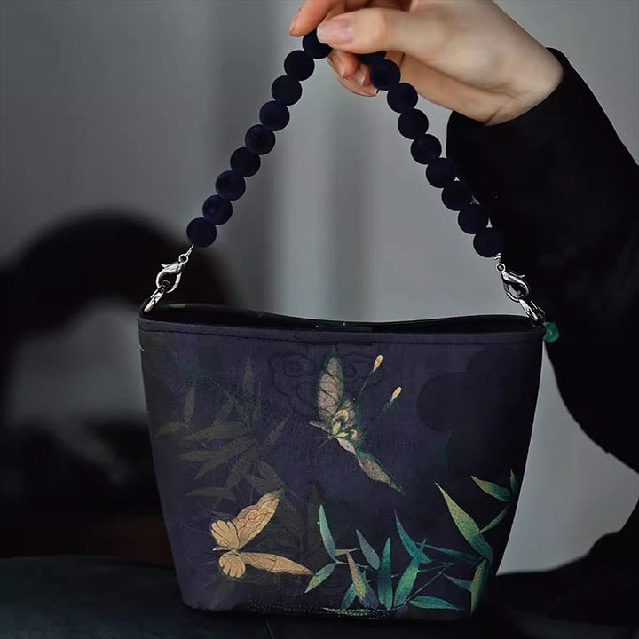 Buddha Stones Small Bamboo Leaves Butterfly Peony Flowers Magpie Metal Chain Crossbody Bag Shoulder Bag Handbag - Purple-Blue Butterfly Bamboo 14*18*9cm - image 0