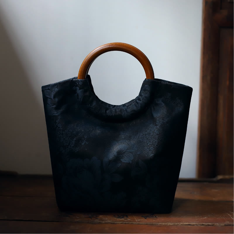 Buddha Stones Peony Flower Bamboo Leaves Bird Solid Wood Handle Handbag - Dark Blue 22*19*11cm - image 15