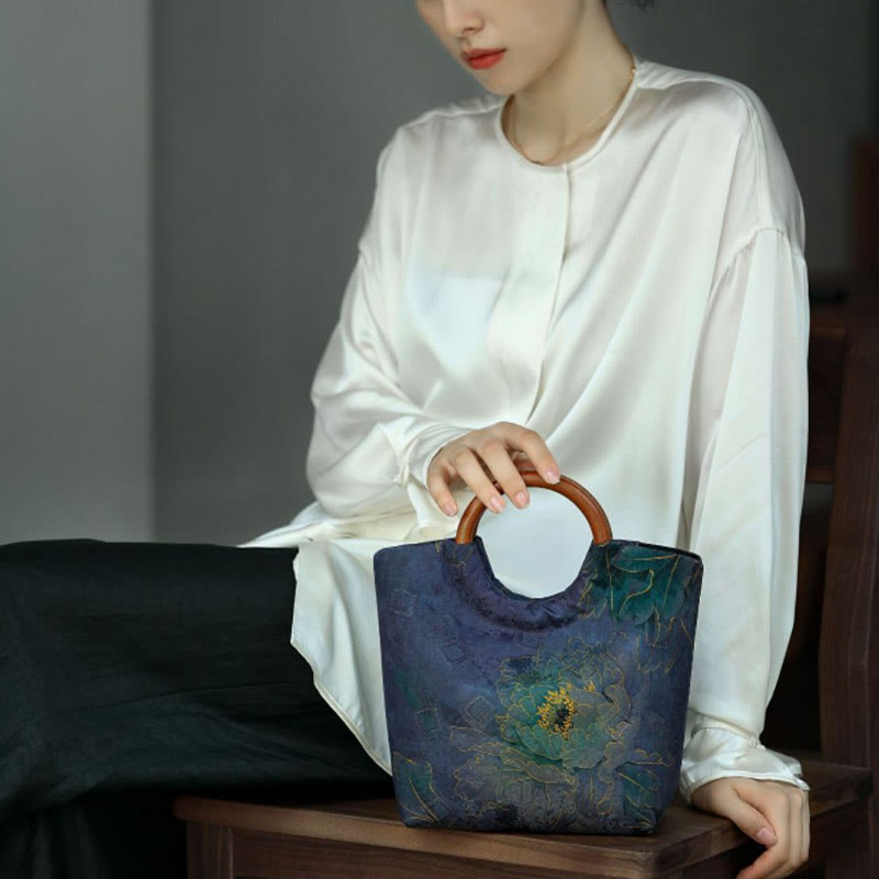 Buddha Stones Peony Flower Bamboo Leaves Bird Solid Wood Handle Handbag - image 10